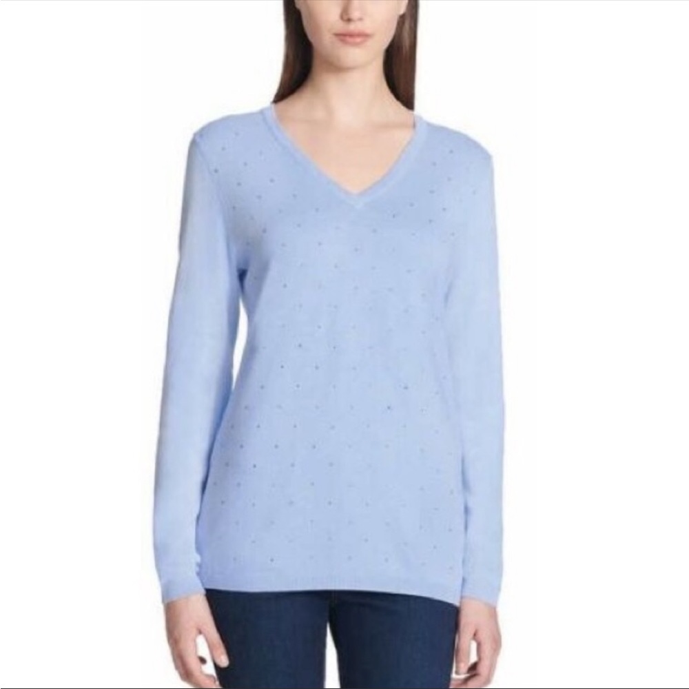 DKNY Size Small Blue V-Neck Rhinestone Embellished Sweater